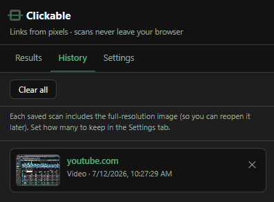 Clickable's history tab showing a saved scan with a thumbnail and the link it found