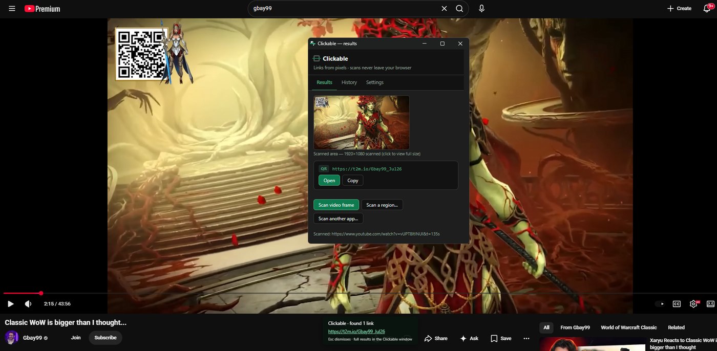 Clickable detecting a QR code inside a playing YouTube video, with the in-page notification and results window both showing the found link