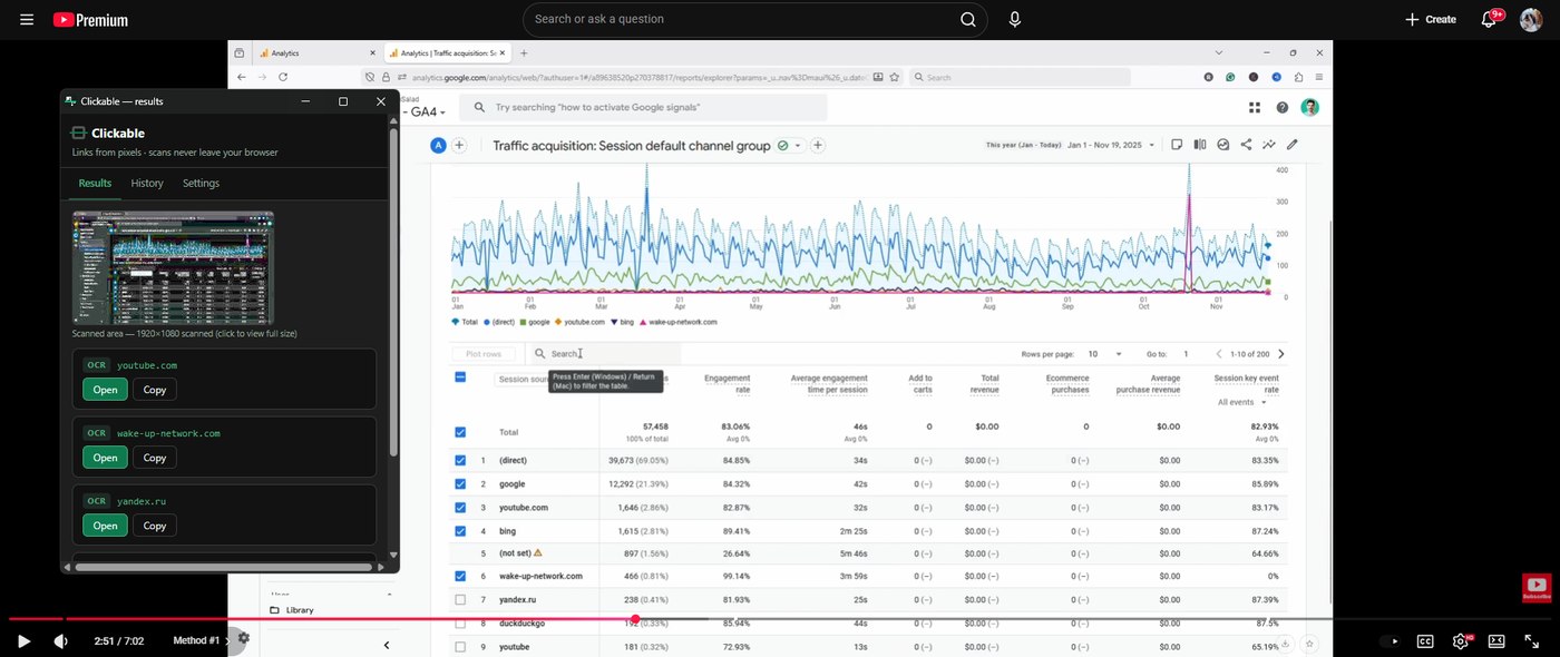 Clickable's results panel listing three domains — youtube.com, wake-up-network.com, and yandex.ru — read via OCR from a data table