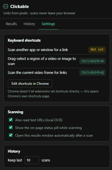 Clickable's settings tab showing keyboard shortcuts, scanning toggles, and history retention
